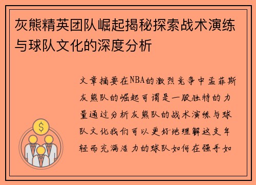 灰熊精英团队崛起揭秘探索战术演练与球队文化的深度分析